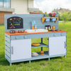 Kids play kitchen set in blue with stove, sink, and storage, designed for interactive role play for ages 3-8.