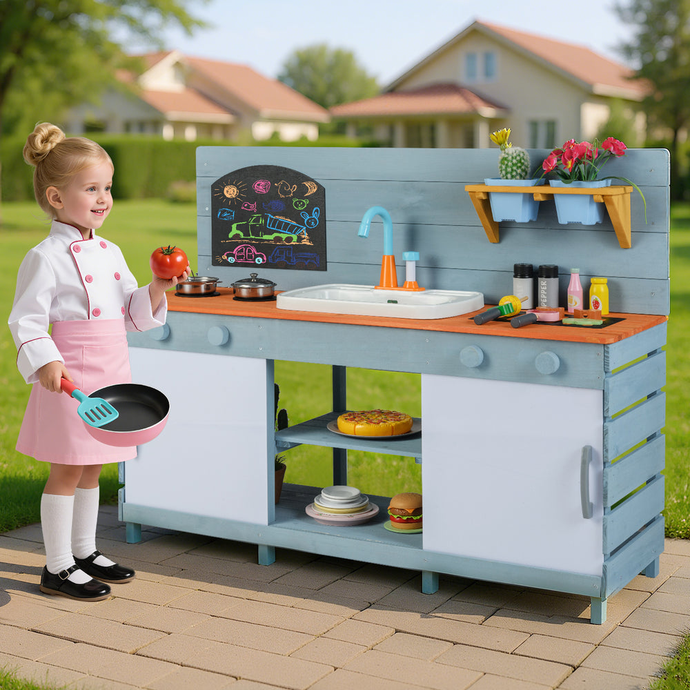 Kids play kitchen set in blue with stove, sink, and writable blackboard for interactive role play and storage.