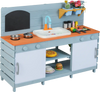 Kids play kitchen set in blue with rotatable knobs and grill rack, promoting imaginative role play for ages 3-8.