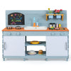 Kids play kitchen set in blue with open shelves and sliding doors, promoting organization and imaginative play for ages.