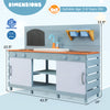 Kids play kitchen set in blue with stove, sink, and ample storage, designed for boys and girls aged 3-8.