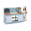 Kids play kitchen set in blue with a writable blackboard, promoting creativity and interactive cooking for ages 3-8.