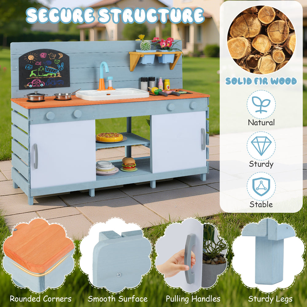 Kids play kitchen set in blue with stove, sink, and ample storage, made from sturdy fir wood for ages 3-8.