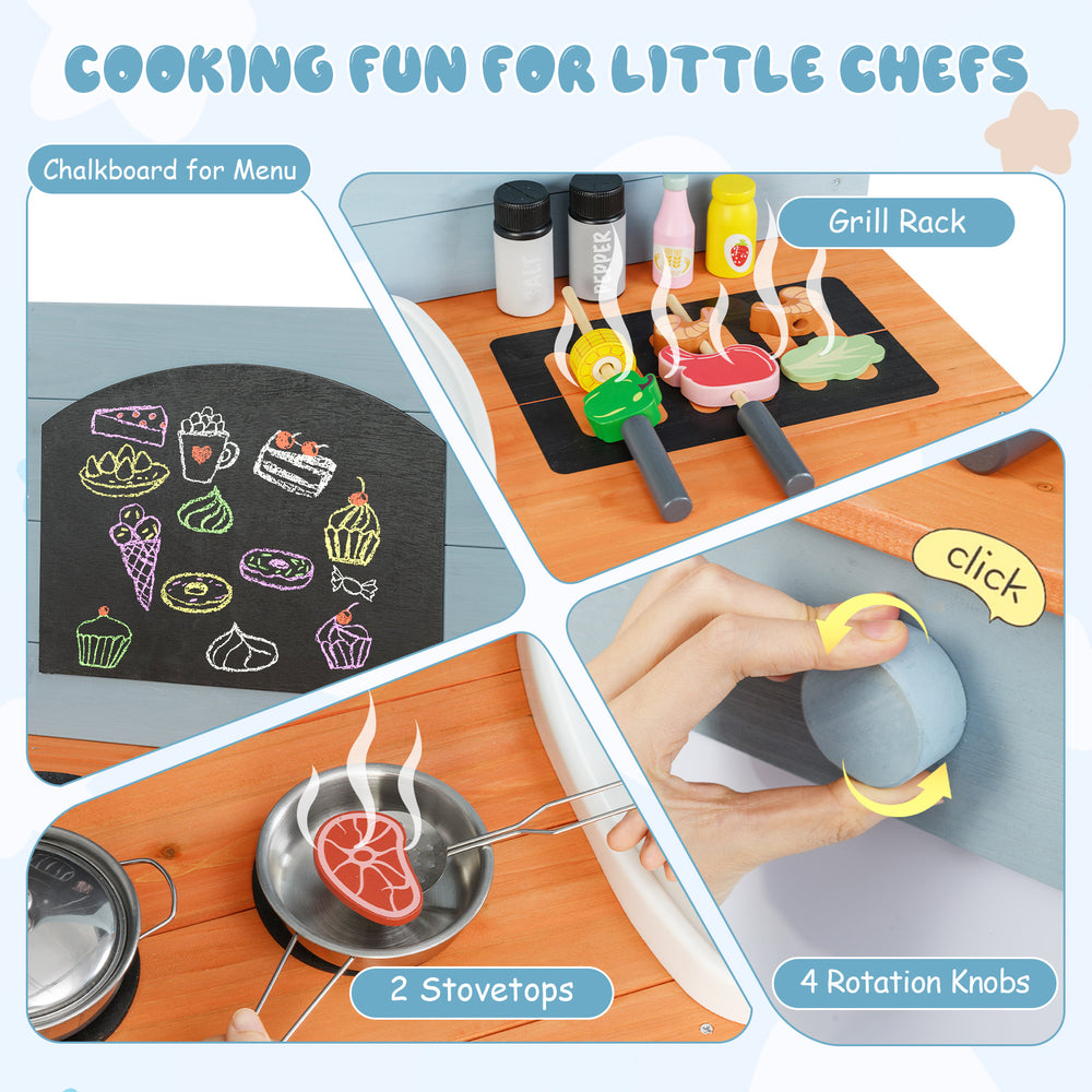 Kids play kitchen set featuring two stovetops, rotatable knobs, and a grill rack for imaginative role play.