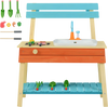 Wooden kids play kitchen set in blue and orange with sink, grill, and gardening tools for imaginative playtime.