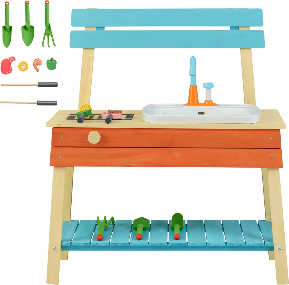 Wooden kids play kitchen set in blue and orange with sink, grill, and gardening tools for imaginative playtime.