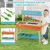 Kids wooden play kitchen set with sink, gardening tools, and storage shelf for interactive outdoor play.