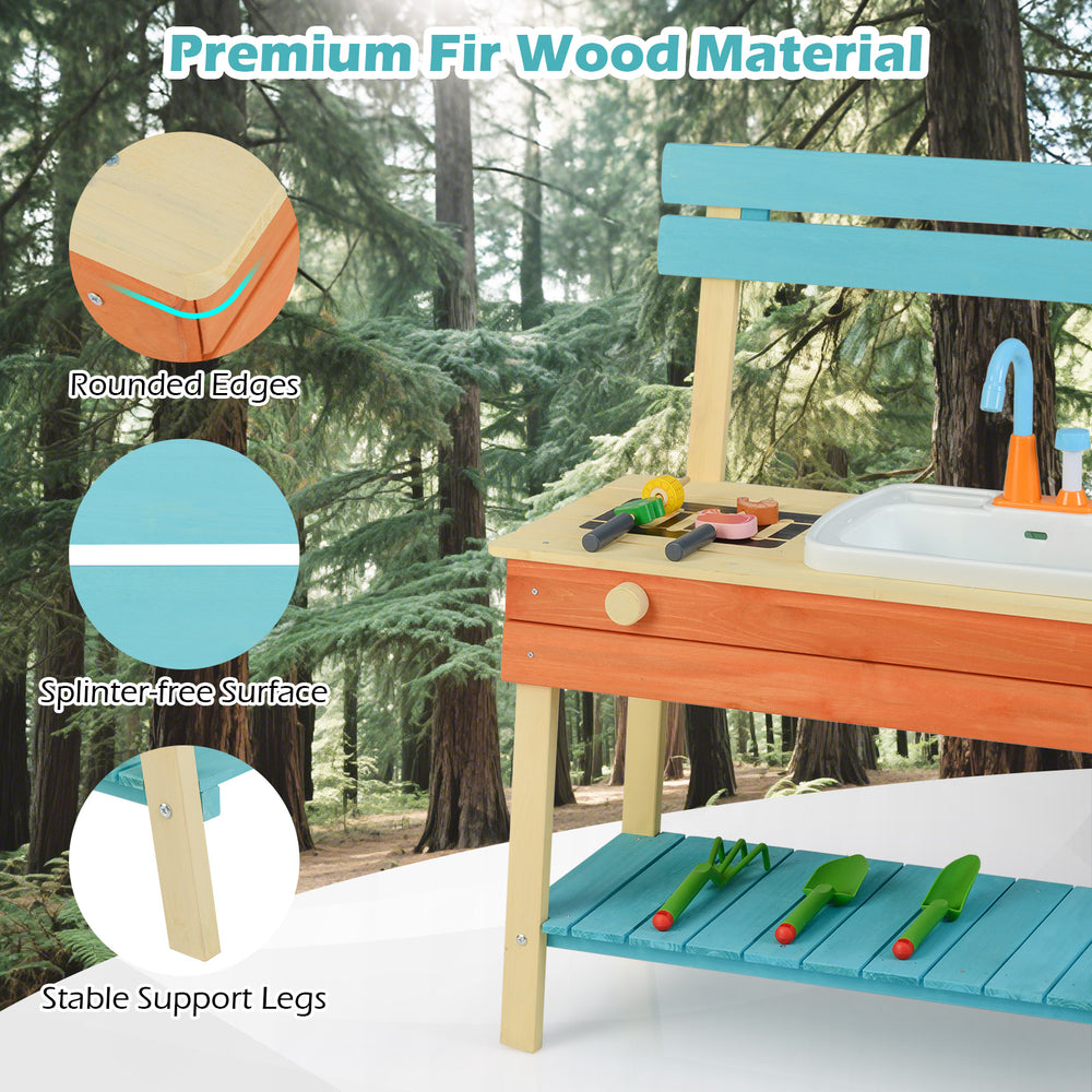 Kids play kitchen set in blue, made of premium fir wood with rounded edges, sink, and gardening tools for interactive.