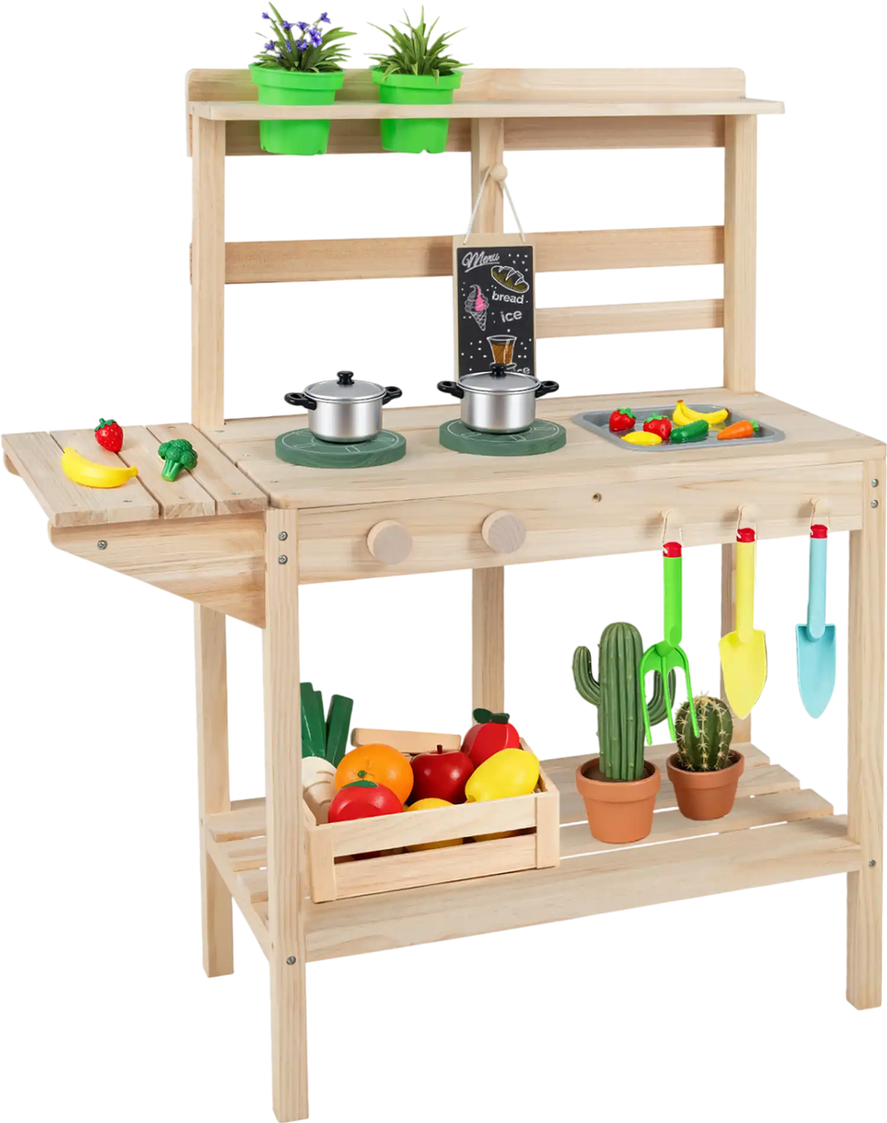 Wooden kids play kitchen set featuring stoves, fruits, vegetables, and pots, perfect for imaginative play.