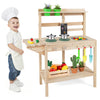 Wooden kids play kitchen set featuring stoves, colorful play food, and accessories for imaginative cooking fun.