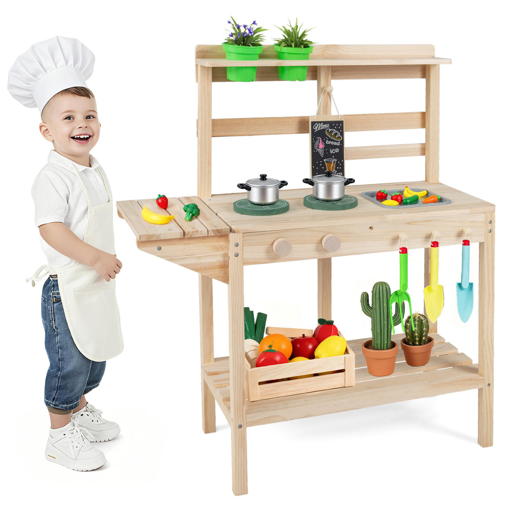 Wooden kids play kitchen set featuring stoves, colorful play food, and accessories for imaginative cooking fun.