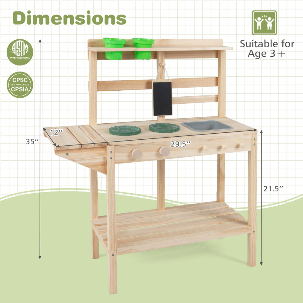 Wooden kids play kitchen set with stoves, measuring 35" x 29.5" x 21.5", suitable for children aged 3 and up.