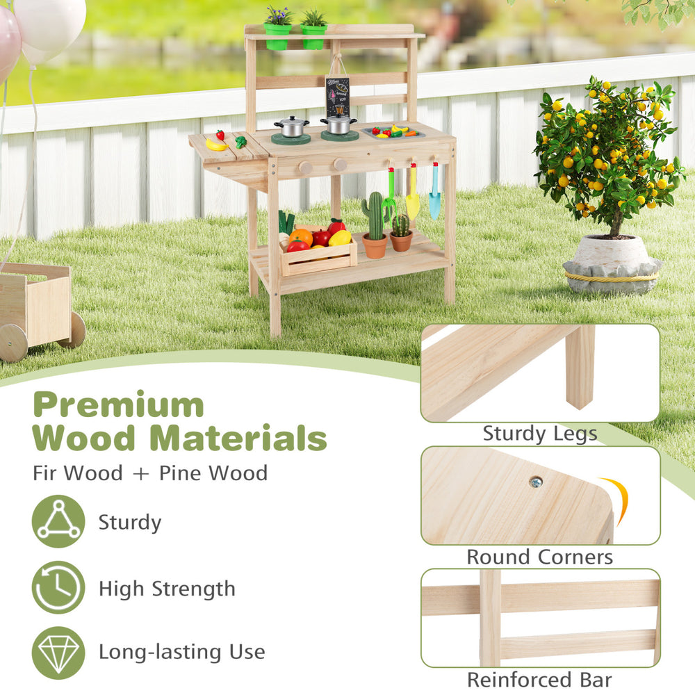 Kids wooden kitchen playset with stoves, featuring sturdy fir and pine wood, ideal for imaginative play for ages 3+.