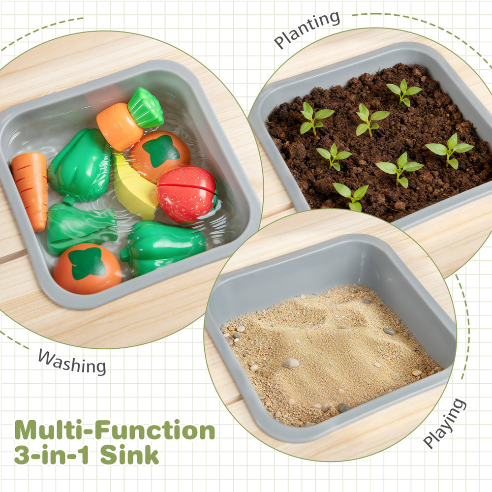 Multi-function 3-in-1 sink for kids play kitchen set, featuring washing, planting, and playing sections with colorful.