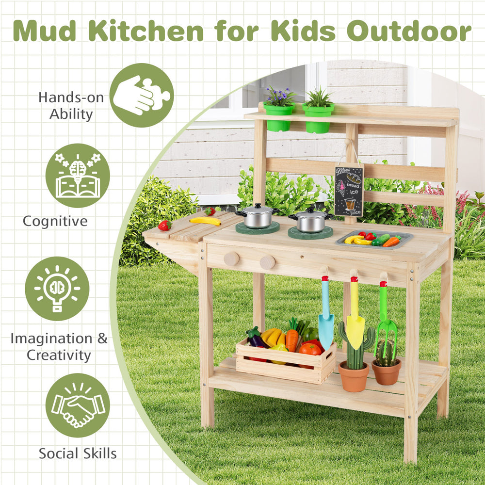 Wooden kids play kitchen set with stoves, featuring natural wood finish, for imaginative outdoor play.