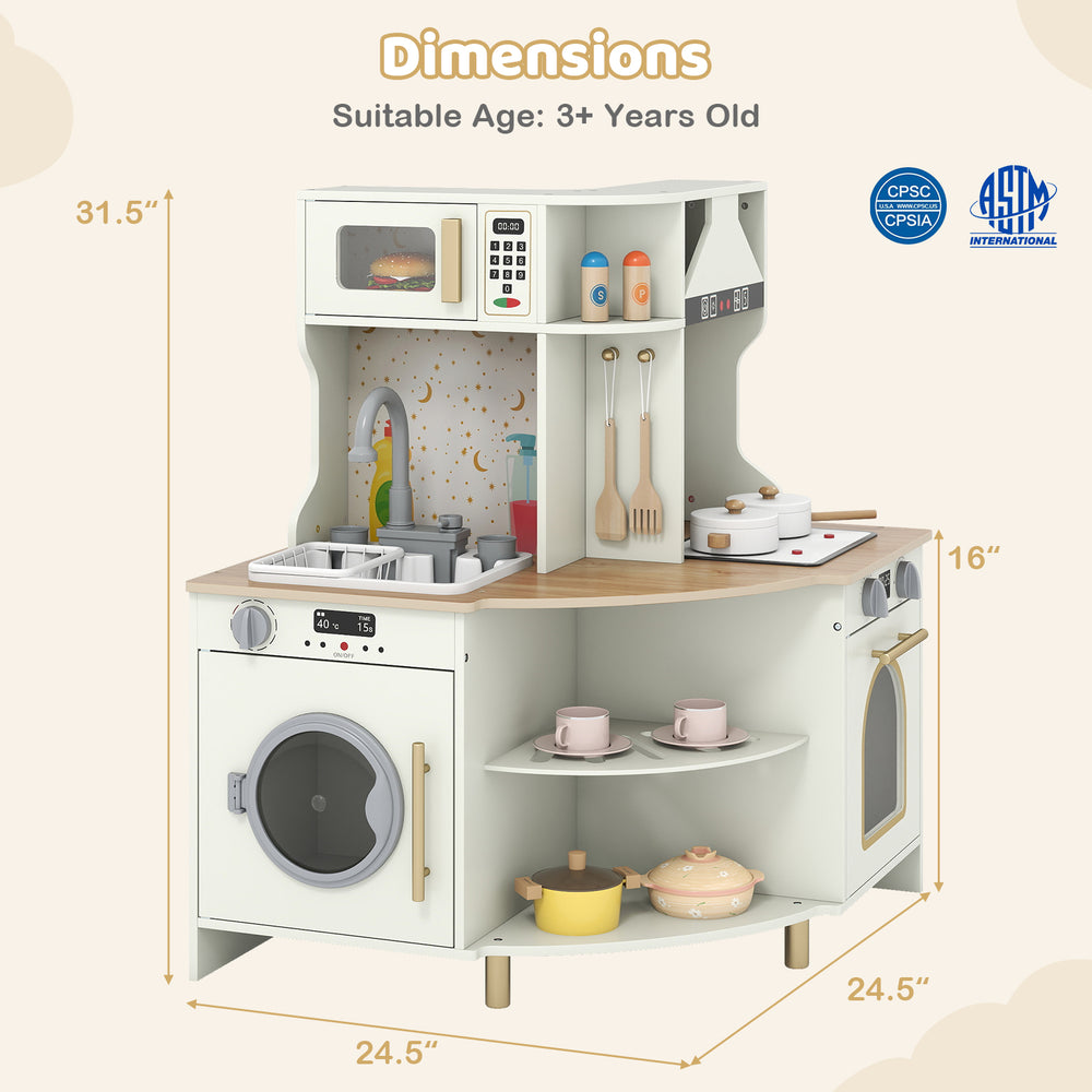 Kids wooden corner kitchen playset in beige with working faucet, oven, and ample storage for interactive play.