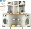 Kids wooden corner kitchen playset in beige with working faucet, oven, and interactive features for imaginative play.