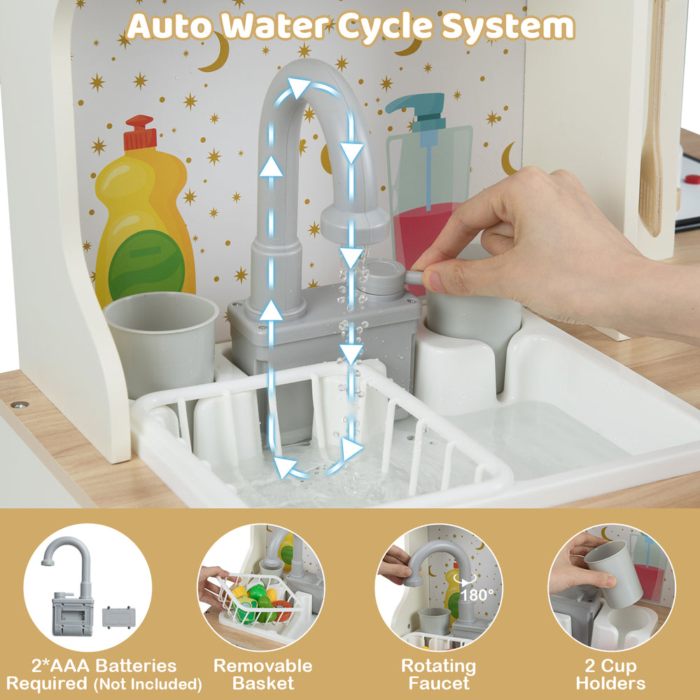Kids play kitchen set featuring a working faucet with auto water cycle system for realistic cooking fun.