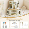 Kids play kitchen wooden corner playset in beige with working faucet, storage, and rich accessories for little chefs.