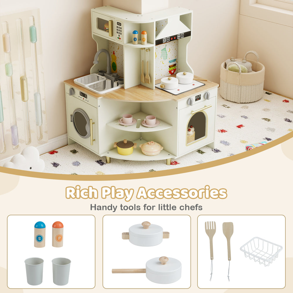 Kids play kitchen wooden corner playset in beige with working faucet, storage, and rich accessories for little chefs.