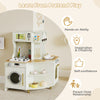 Kids play kitchen corner set in beige with working faucet, oven, and storage for imaginative cooking fun.