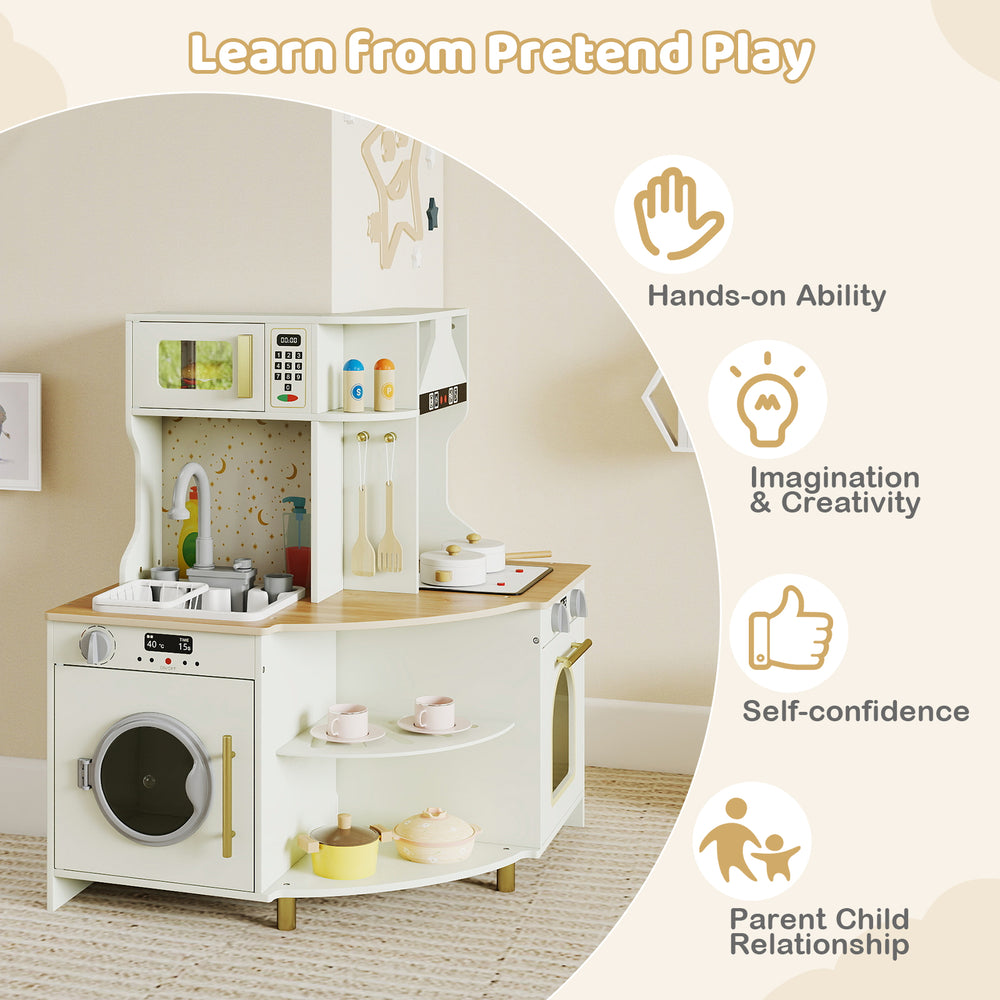 Kids play kitchen corner set in beige with working faucet, oven, and storage for imaginative cooking fun.