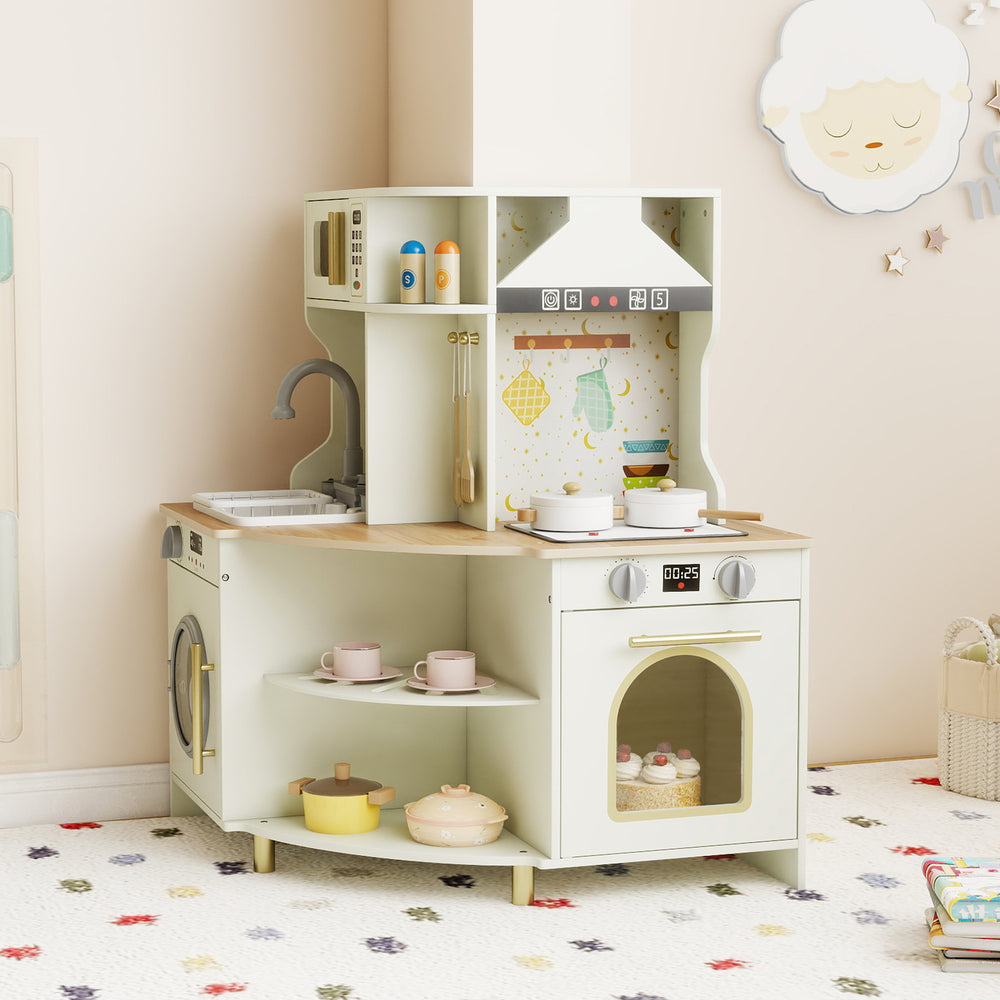 Kids play kitchen wooden corner playset in beige with working faucet, oven, and ample storage for interactive cooking.