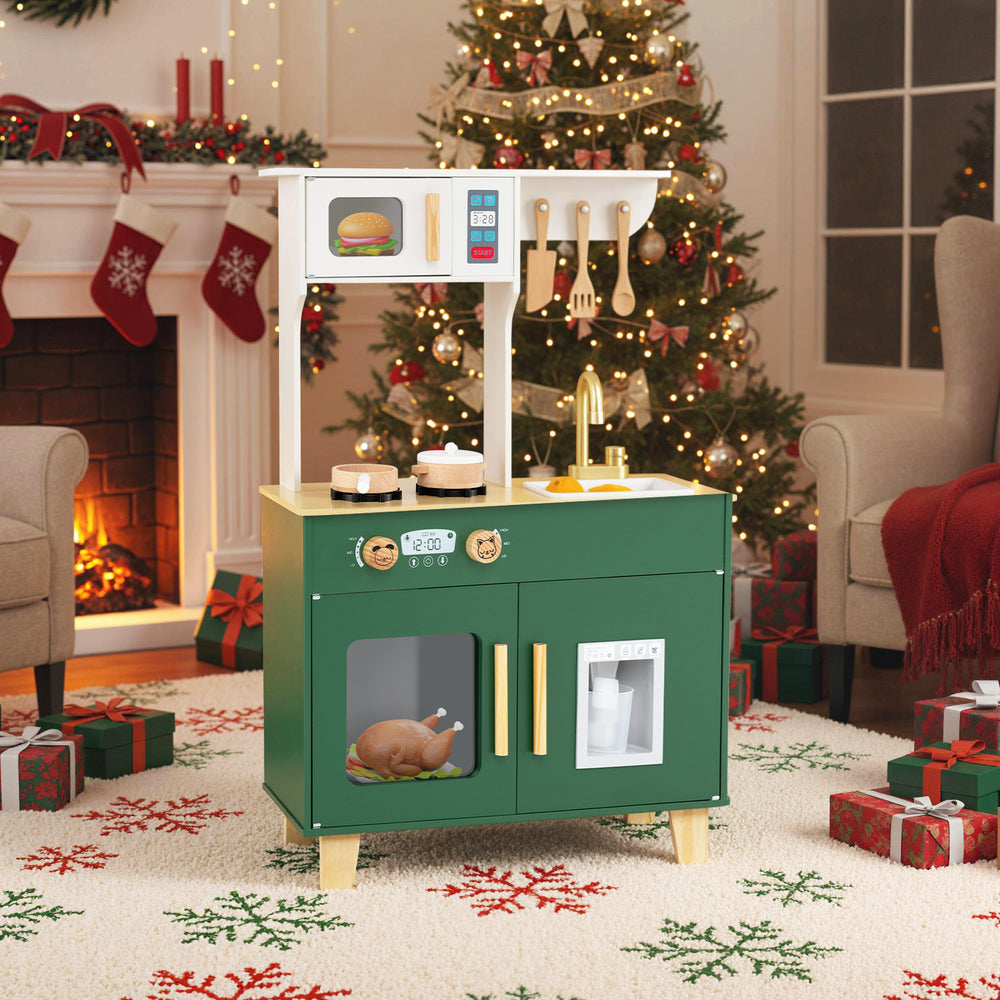 Kids Play Kitchen with Microwave and Rotation Knobs for Girls Boys Aged 3-6-Green - Gallery View 1 of 12
