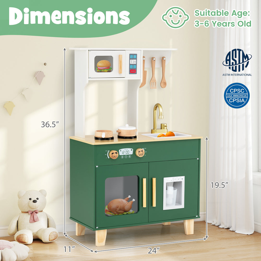 Kids play kitchen in green with microwave, stoves, and storage, perfect for imaginative play for ages 3-6.