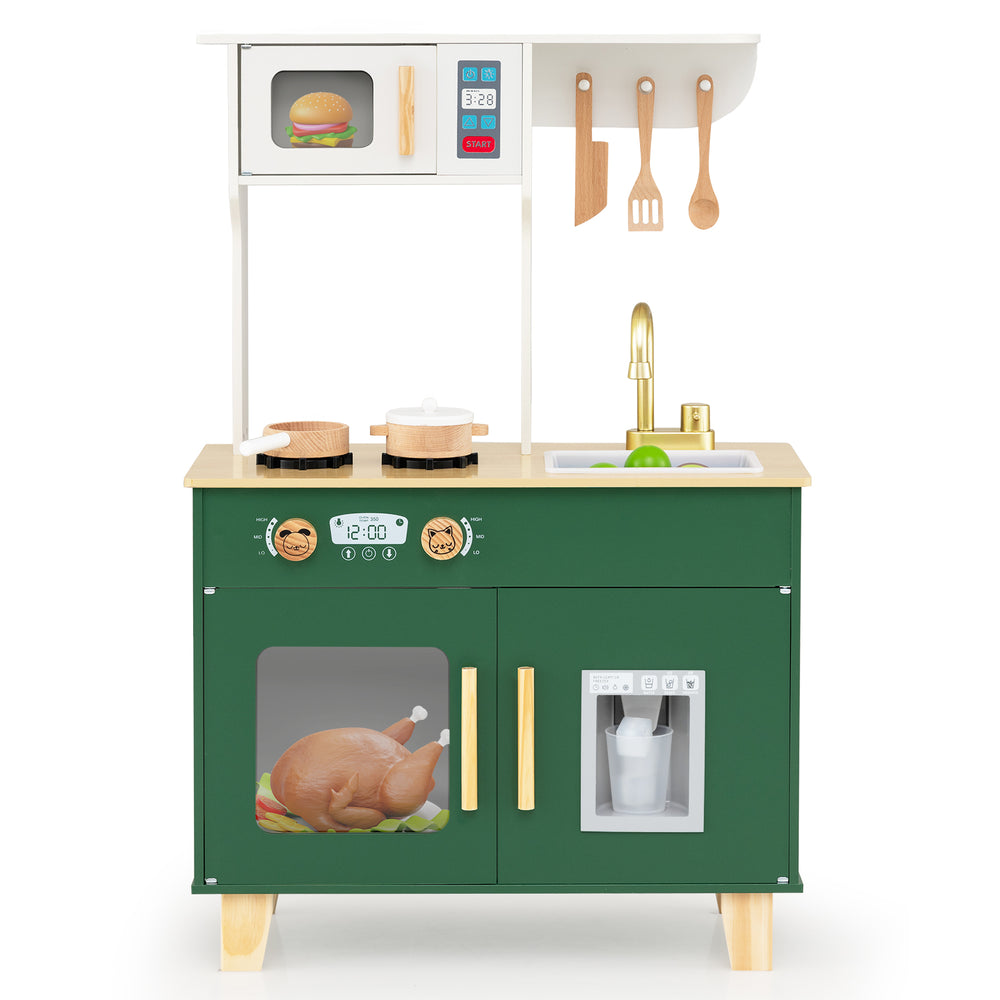 Kids play kitchen in green with microwave, stoves, and ice dispenser for imaginative cooking fun for ages 3-6.