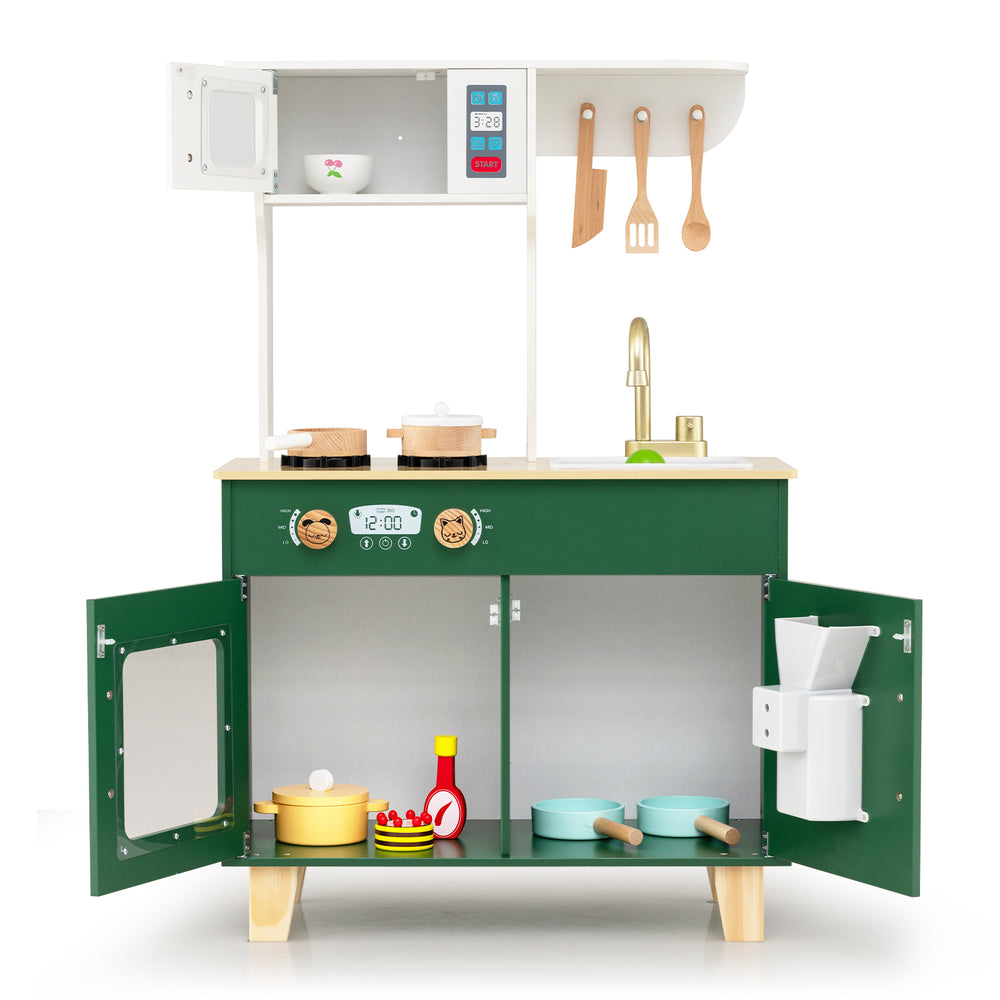 Kids play kitchen in green featuring microwave, stoves, rotating faucet, and storage cabinets for imaginative play.