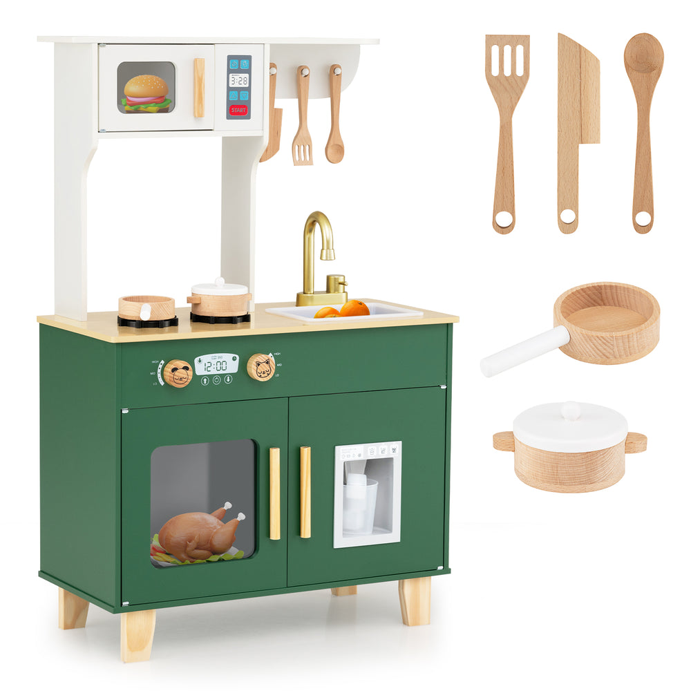 Kids play kitchen in green featuring a microwave, stoves, and removable sink for imaginative cooking fun.