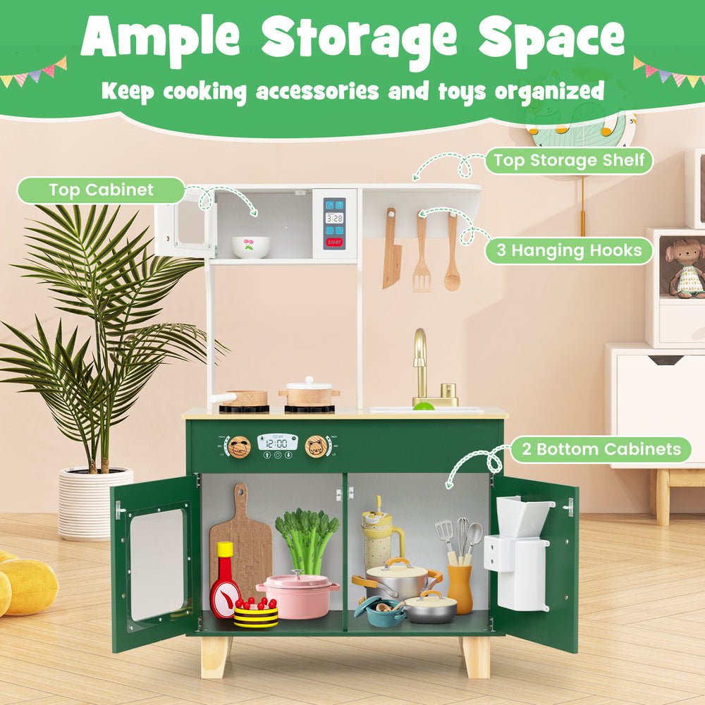 Kids play kitchen in green featuring a microwave, top shelf, and storage cabinets for imaginative cooking play.