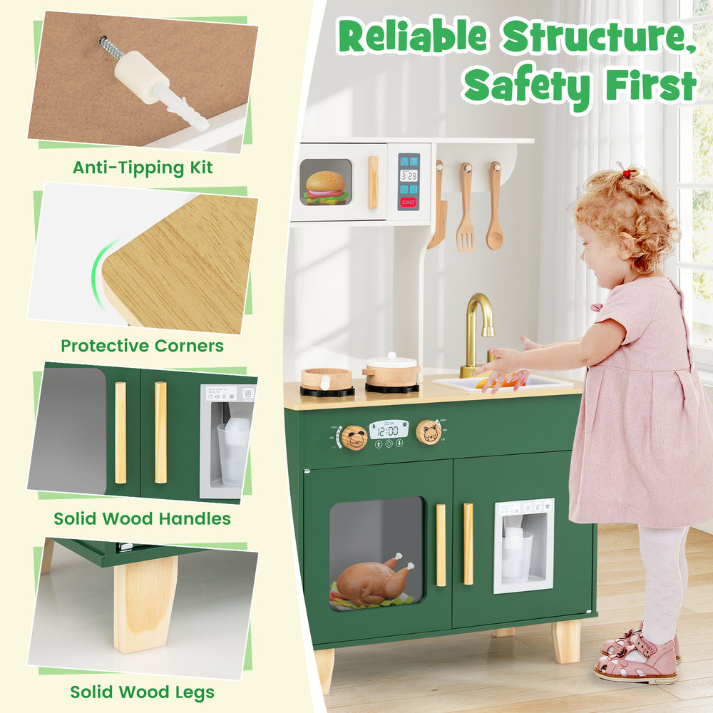 Kids play kitchen in green featuring solid wood legs, microwave, and rotating knobs for imaginative cooking fun.