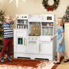 Kids play kitchen in white with stoves, sink, and accessories, designed for imaginative cooking fun for ages 3-6.