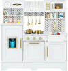 Kids play kitchen in white featuring stoves, faucet, and accessories for imaginative cooking fun for ages 3-6.