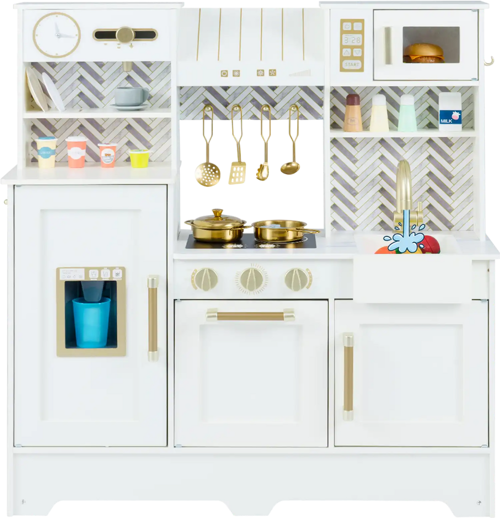 Kids play kitchen in white featuring stoves, faucet, and accessories for imaginative cooking fun for ages 3-6.