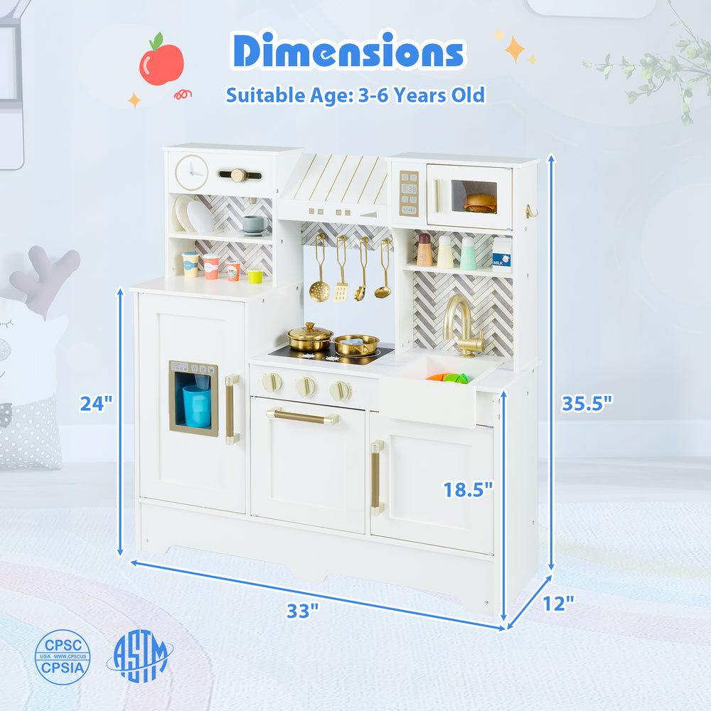 Kids play kitchen in white with stoves, sink, and accessories for imaginative cooking fun, suitable for ages 3-6.