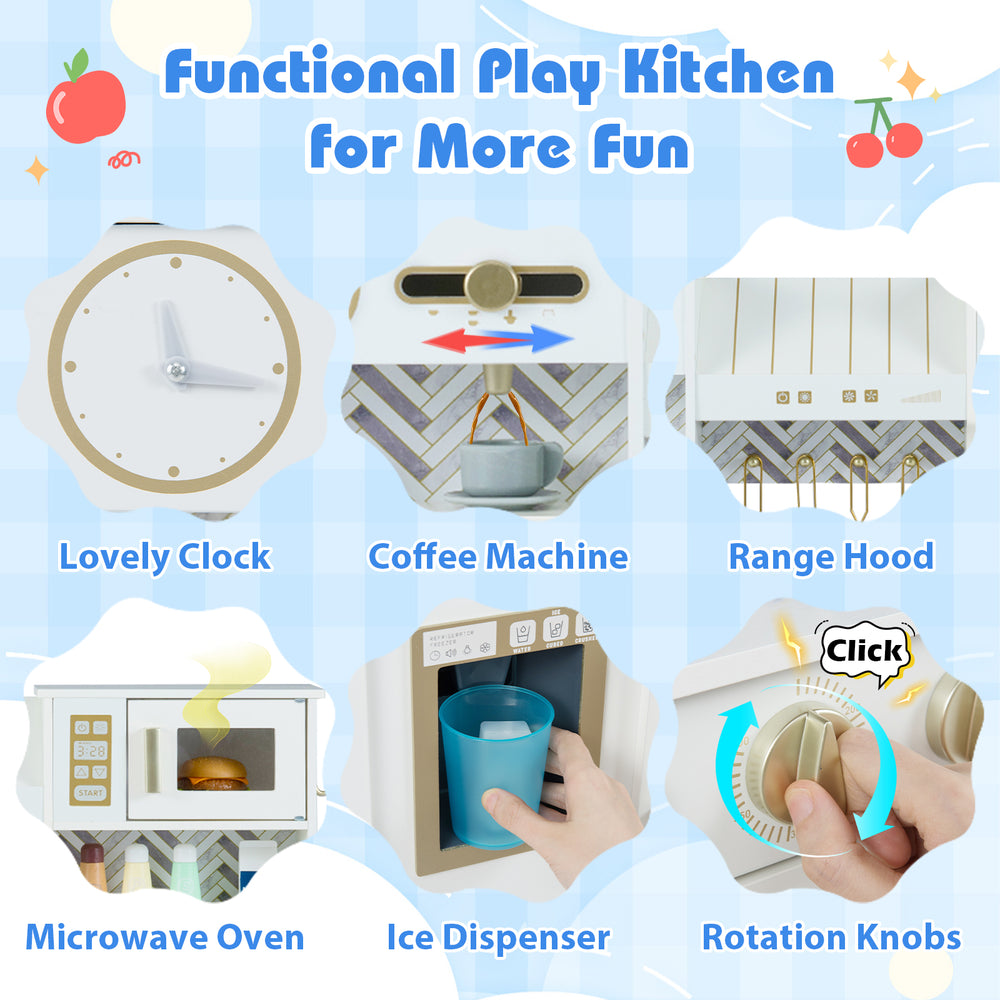 Kids play kitchen featuring a microwave oven, coffee machine, and rotating faucet for immersive cooking fun.