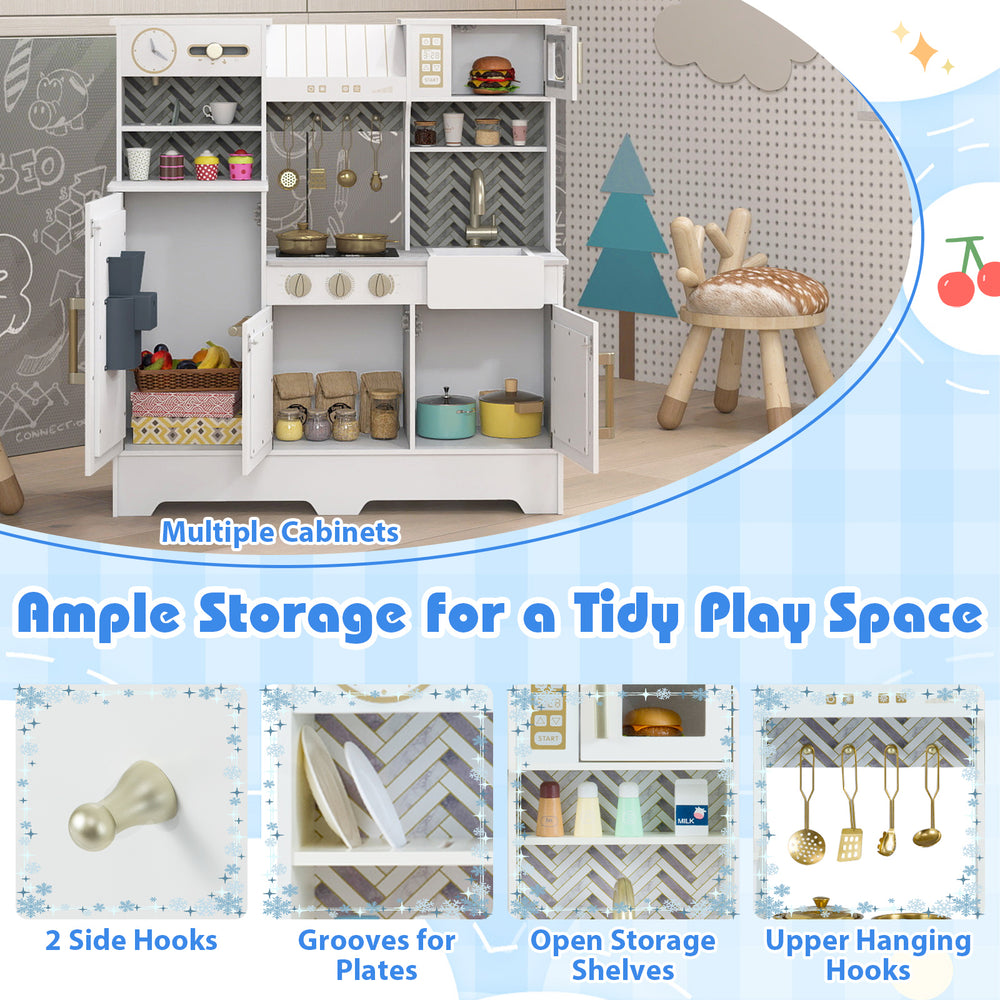 Kids play kitchen in white with stoves, faucet, and ample storage for a tidy play space, perfect for ages 3-6.