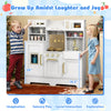 Kids play kitchen in white with stoves, sink, and accessories for imaginative cooking fun for ages 3-6.