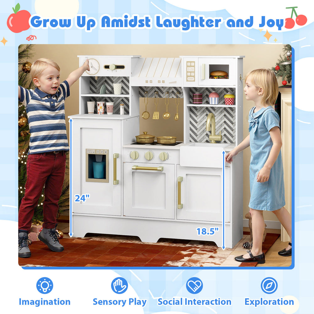 Kids play kitchen in white with stoves, sink, and accessories for imaginative cooking fun for ages 3-6.