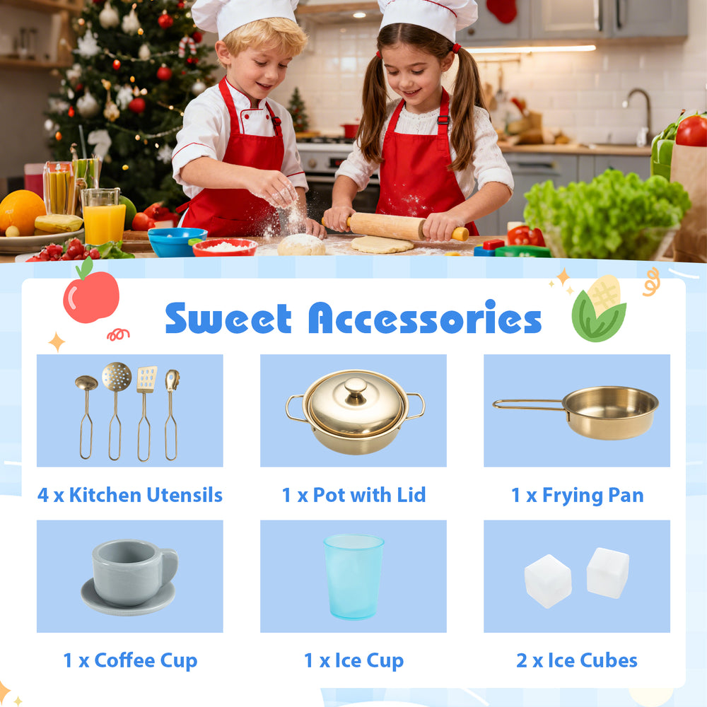 Kids play kitchen accessories including utensils, pot with lid, frying pan, and cups for imaginative cooking fun.