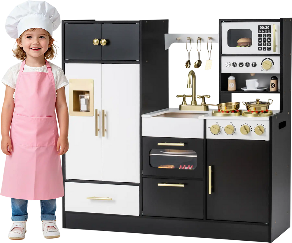 Kids play kitchen in black with realistic lights and sounds, featuring stoves, cabinets, and accessories for.