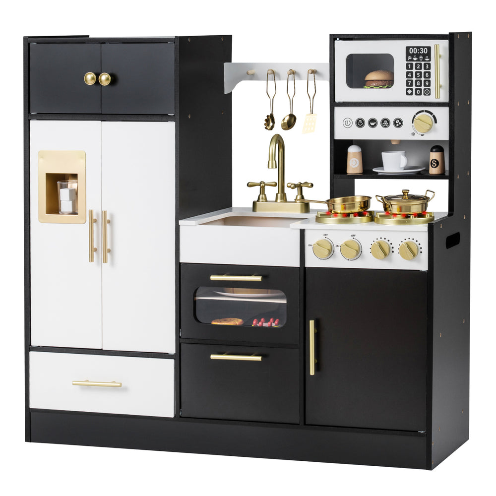 Kids play kitchen in black with realistic lights and sounds, featuring stoves, sink, microwave, and ample storage.
