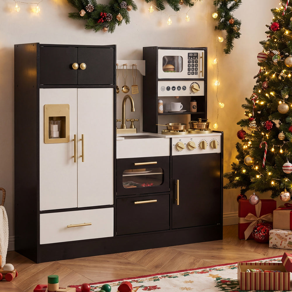 Kids play kitchen in black and white with realistic lights and sounds, featuring a sink, stove, and storage for.