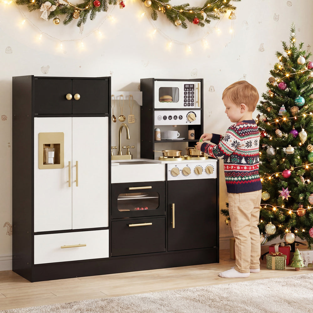 Kids play kitchen set with a realistic ice machine, stoves, and ample storage for an engaging cooking experience.