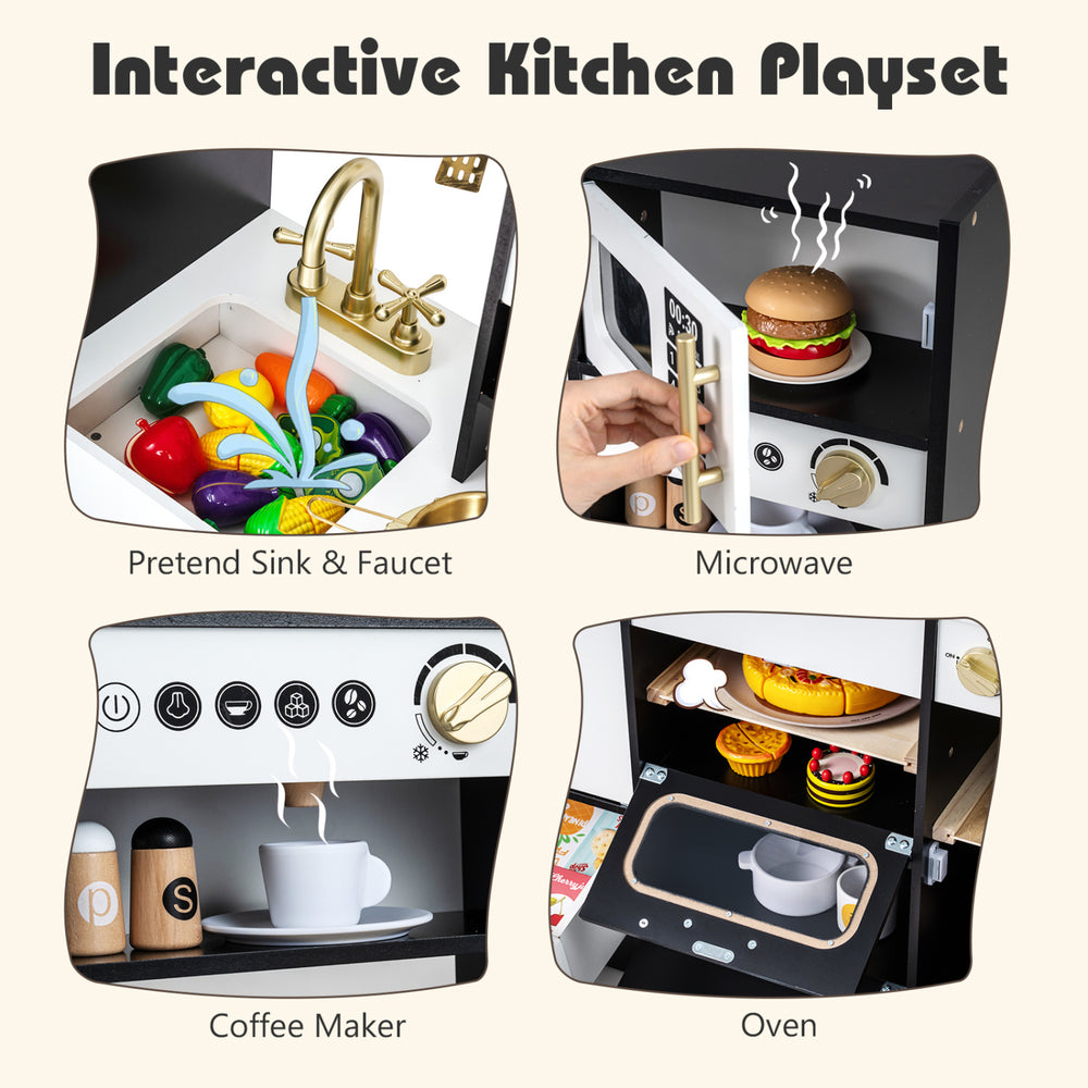 Interactive kids play kitchen set featuring a pretend sink, microwave, coffee maker, and oven for imaginative play.