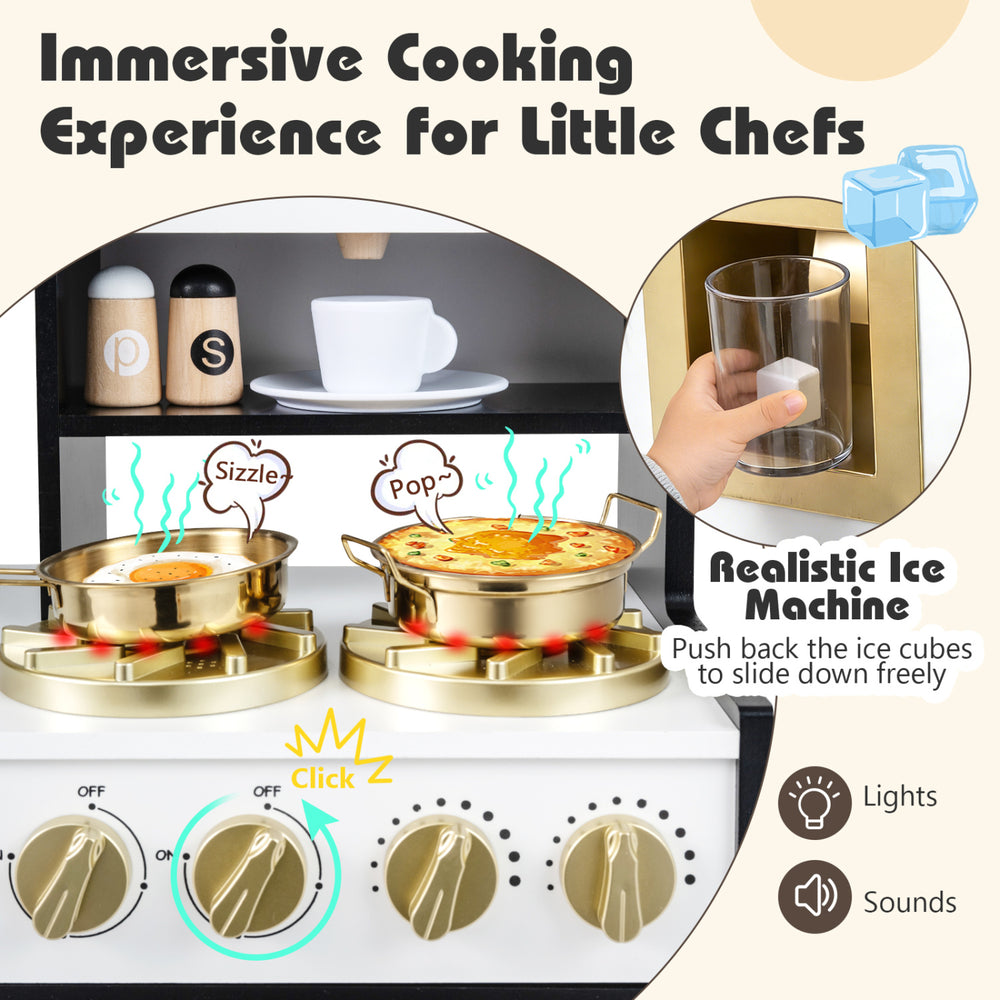 Kids play kitchen with realistic lights and sounds, featuring stoves, ice machine, and storage for immersive cooking.
