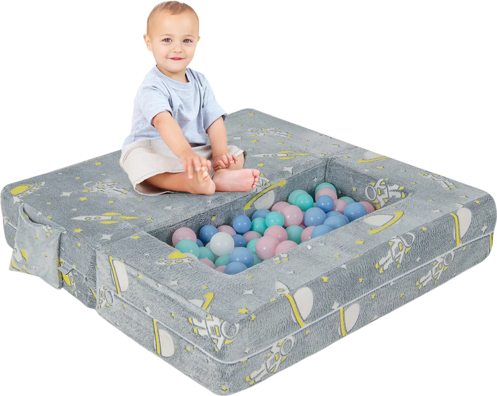 Kids play sofa in gray with removable cover, featuring ottomans and colorful balls for imaginative play and comfort.